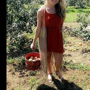 Burnt Orange Dress and Long Boho Knitted Cardigan
